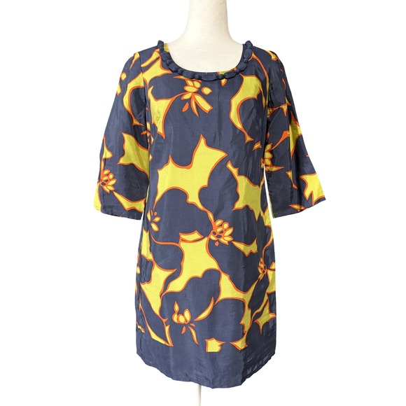 Ann Taylor LOFT Dress Womens 0P Blue Yellow Floral Shift Petite Lined Side Zip - Picture 1 of 14